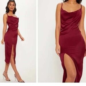 PRETTYLITTLETHING Burgundy Satin Cowl Neck Strappy Midi Dress Sz 0 High Slit NWT